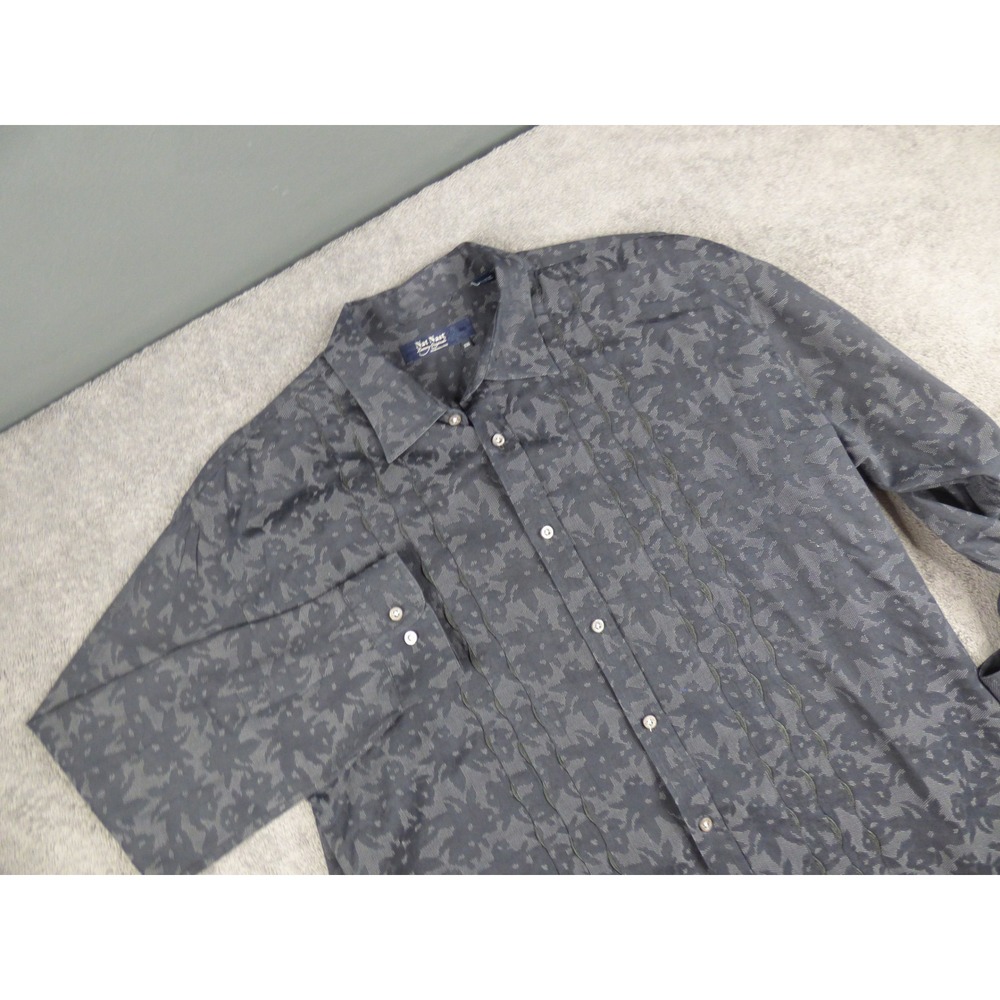 Nat Nast Mens XXL Gray Jacquard Floral Pintuck Button Up Shirt Ace of Spades Cuf